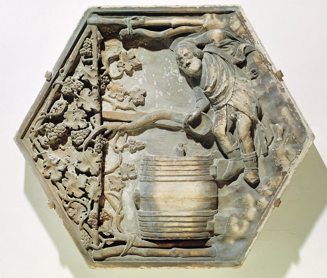 The Drunkenness of Noah, hexagonal decorative relief tile from a series illustrating episodes from Genesis, possibly based on designs by Giotto by Andrea Pisano