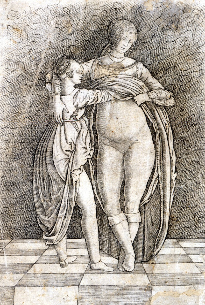 A young girl undresses a woman. Engraving by Andrea Zoan. 15th century. by Andrea (attr. to) Zoan