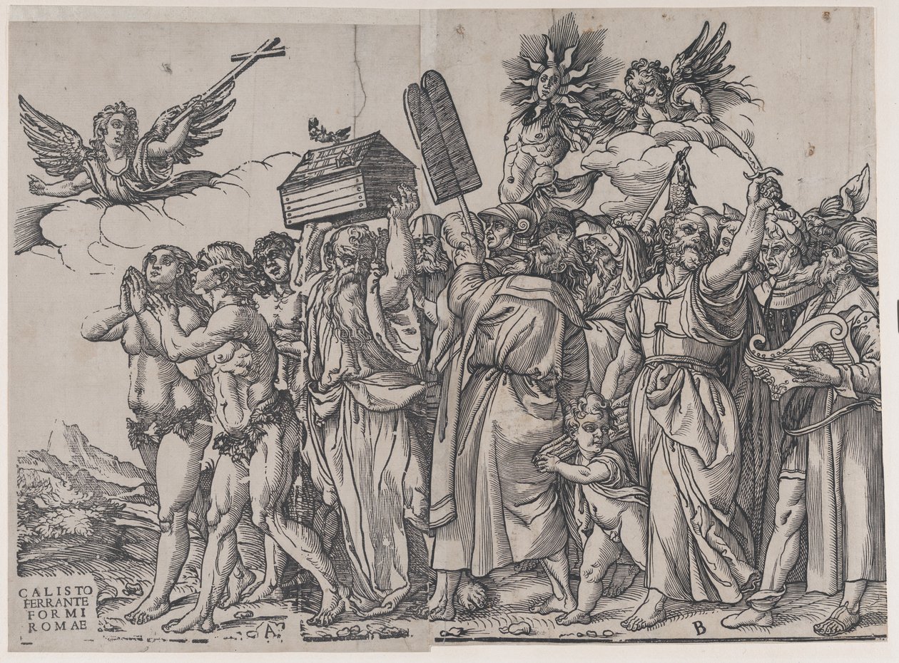 Section A: An Angel Holding a Cross at Upper Left, Adam and Eve Below, from The Triumph of... by Andrea Andreani