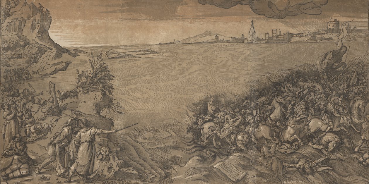 The crossing of the Red Sea, Moses stands at the left pointing to the army being submerged by Andrea Andreani
