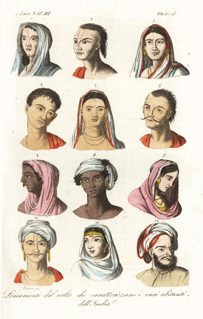 Portraits of different Indian castes: Brahmins 1.2, Kshatriyas or Khatri, Punjabi mercantile caste 3.4, Vaisyas 5.6, Sudras 7.8, Hindus of Upper India 9,10, and Mughals 11,12. Handcoloured copperplate engraving by Andrea Bernieri after François Solvyns fro by Andrea Bernieri