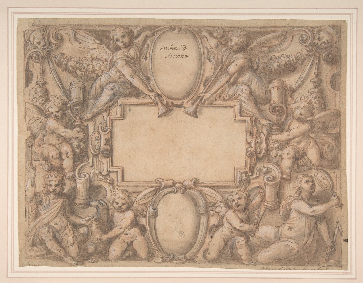 A Cartouche and Two Shields Surrounded by Allegorical Figures by Andrea Lilli