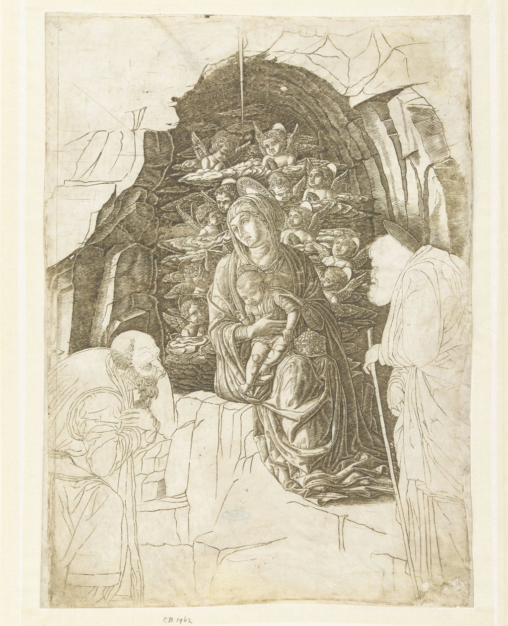 Mary with Child Surrounded by Angels in a Cave with Joseph and King in Adoration by Andrea Mantegna (school of)