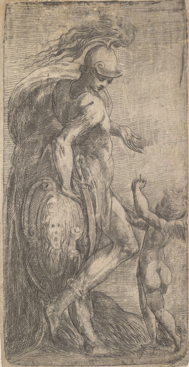 Mars Standing at the Left Leaning on a Shield, Cupid at the Right, ca. 1542-46 by Andrea Schiavone