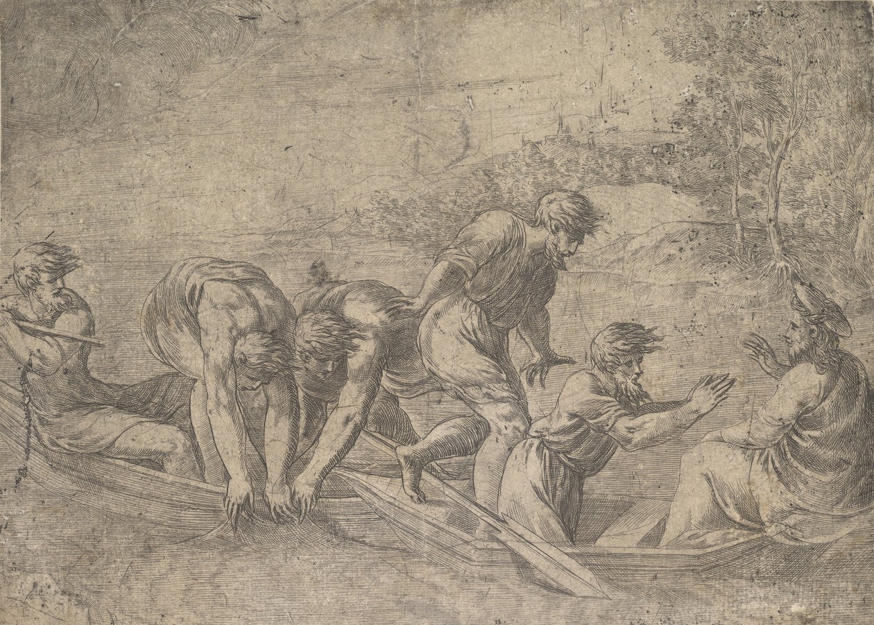 The miraculous draught of the fishes, Christ at the right accompanied by apostles by Andrea Schiavone