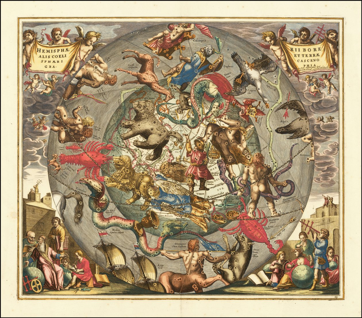 1708 Celestial Chart - Haemisphaerii Borealis Coeli et Terrae Sphaeri Cascenographia by Andreas Cellarius
