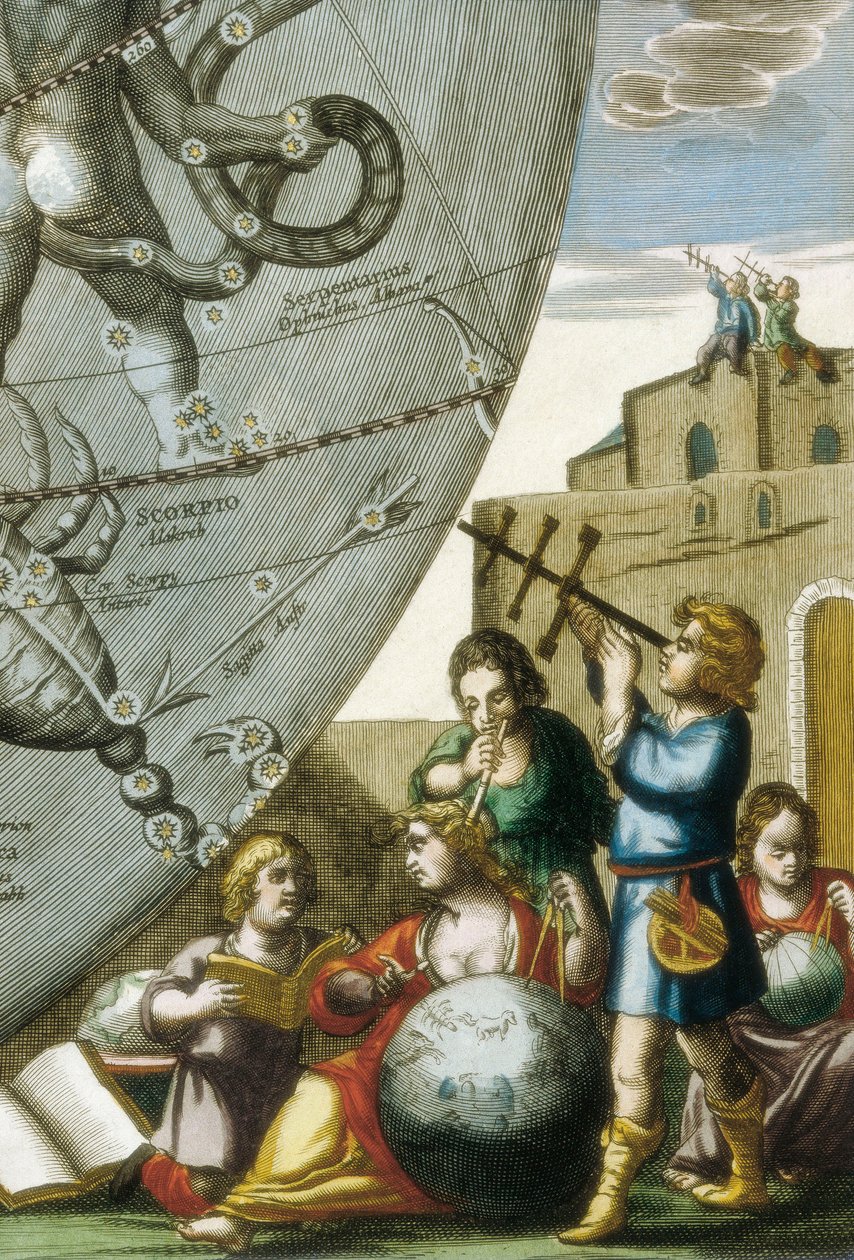 Scientists (Astrologers and Astronomers) Studying Globes and the Sky Chart, Detail from Atlas Coelestis seu Harmonia Macrocosmica by Andreas Cellarius (1596-1665) by Andreas Cellarius