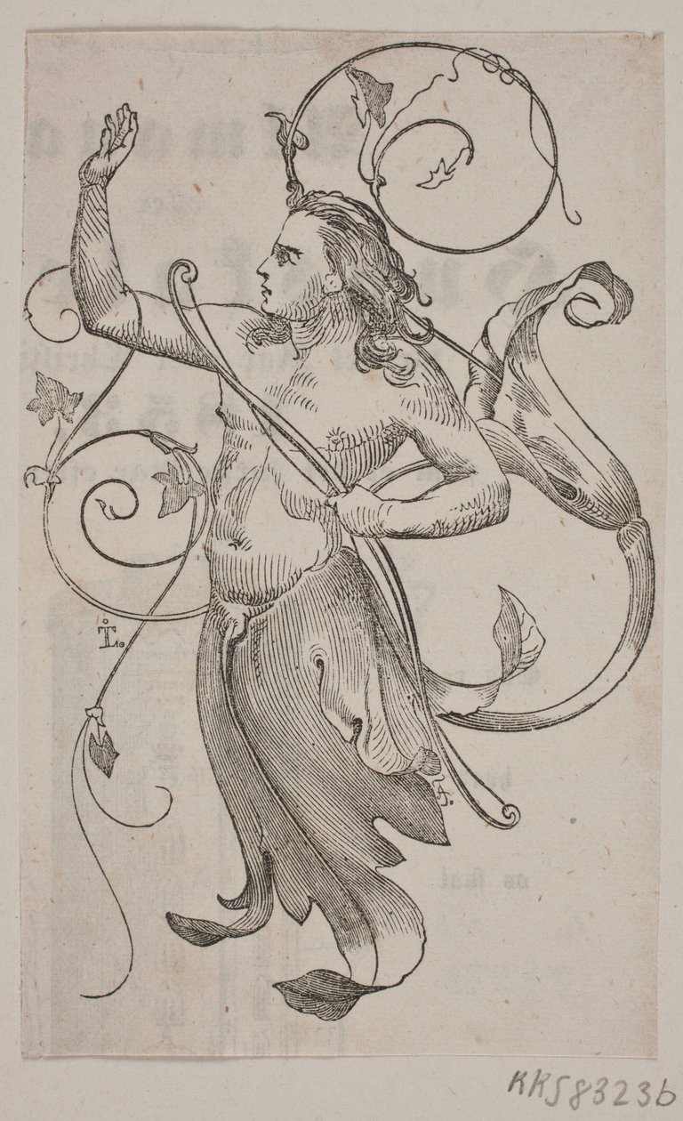 Genius with Bow in Left Hand and Right Hand Raised Towards a Crowned Bird by Andreas Flinch