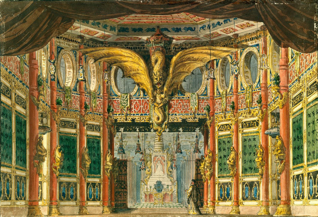 Stage design for the opera The Bronze Horse by D. Auber by Andreas Leonhard Roller