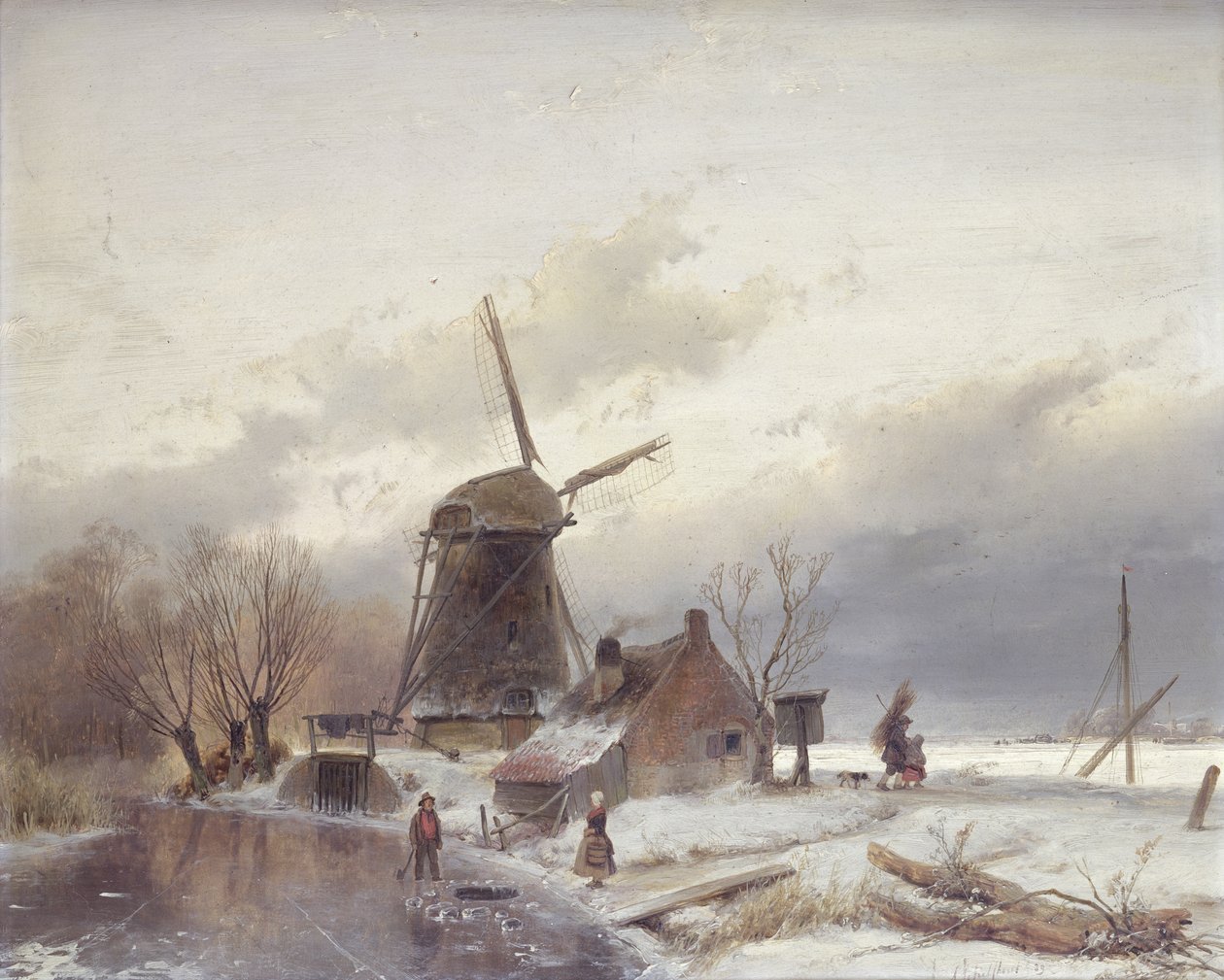 A Frozen River Landscape with a Windmill by Andreas Schelfhout