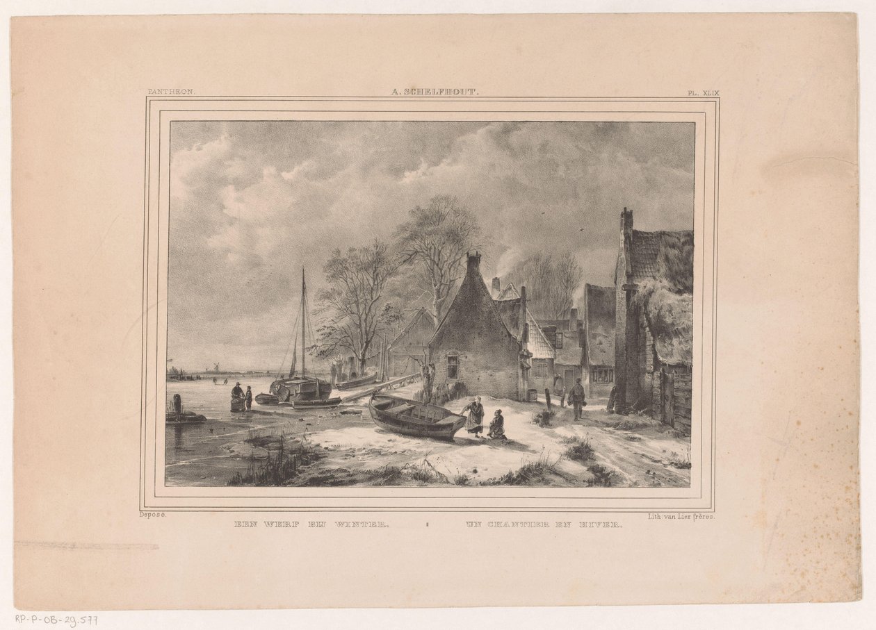 Frozen River by Village (title on object: A Wharf in Winter) by Andreas Schelfhout