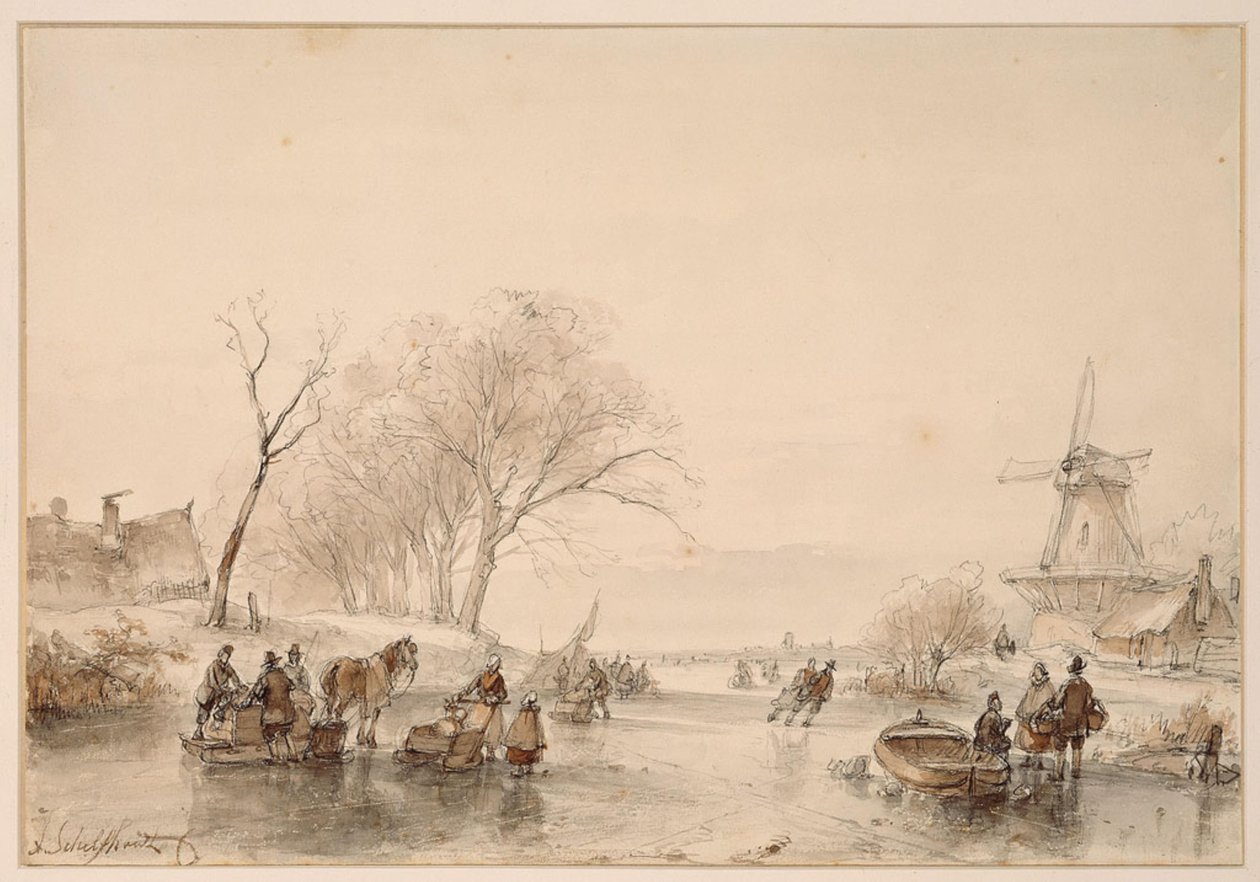 A Frozen Canal, a Horse Pulling a Turf Sledge on the Left by Andreas Schelfhout