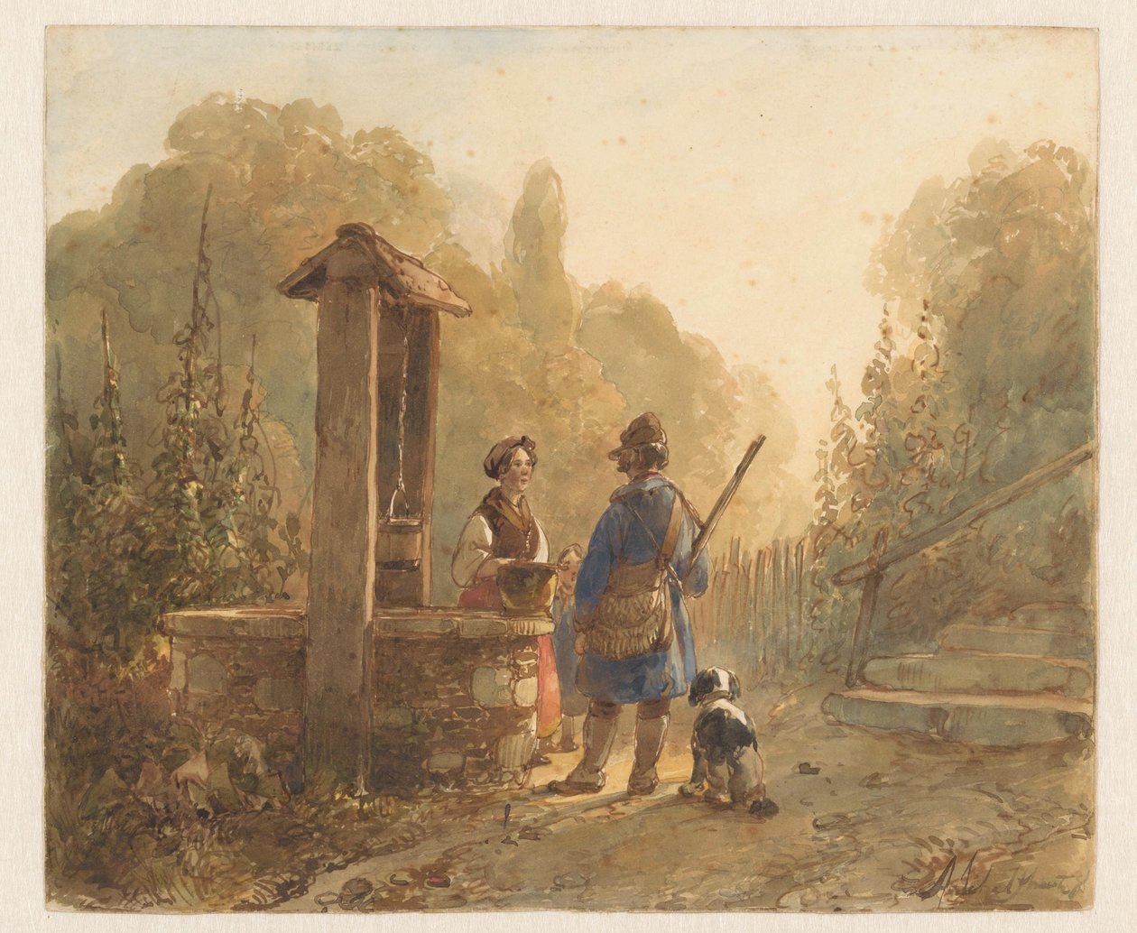 Hunter Talking to a Farmer Woman by a Well, with a Dog Beside Him by Andreas Schelfhout