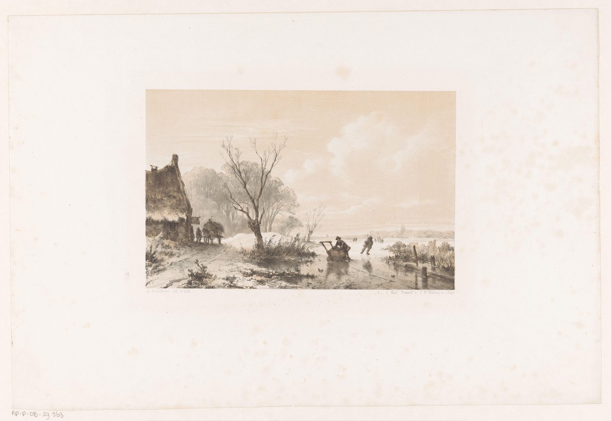 Skaters and Man with Sled on Frozen River by Andreas Schelfhout