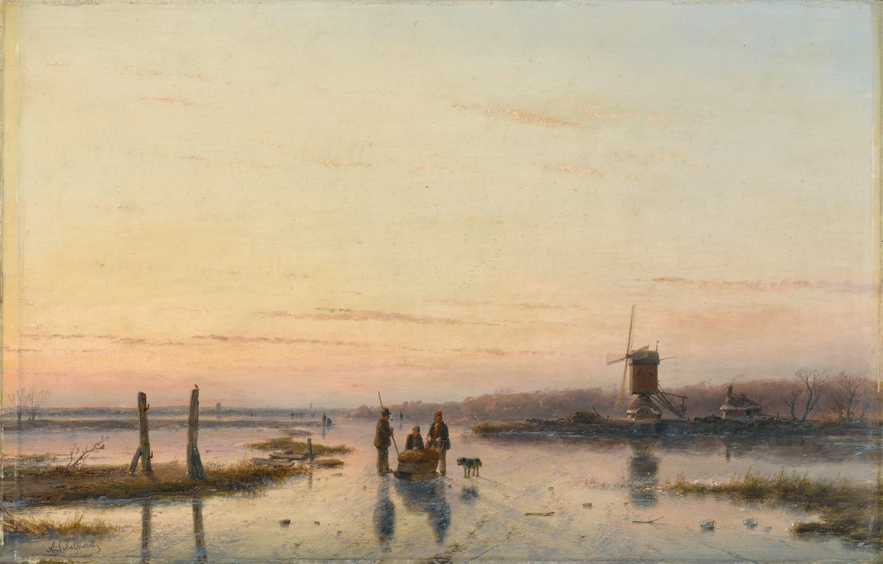 Windmill beside a Frozen River by Andreas Schelfhout