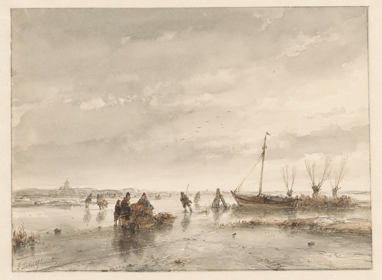 Winter Landscape with Frozen Lake by Andreas Schelfhout