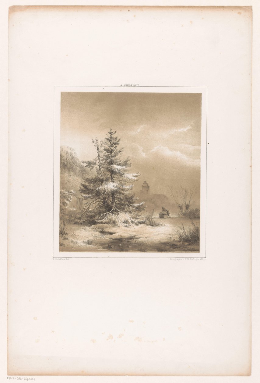 Winter Landscape with Pine Trees and Man with Sled by Andreas Schelfhout