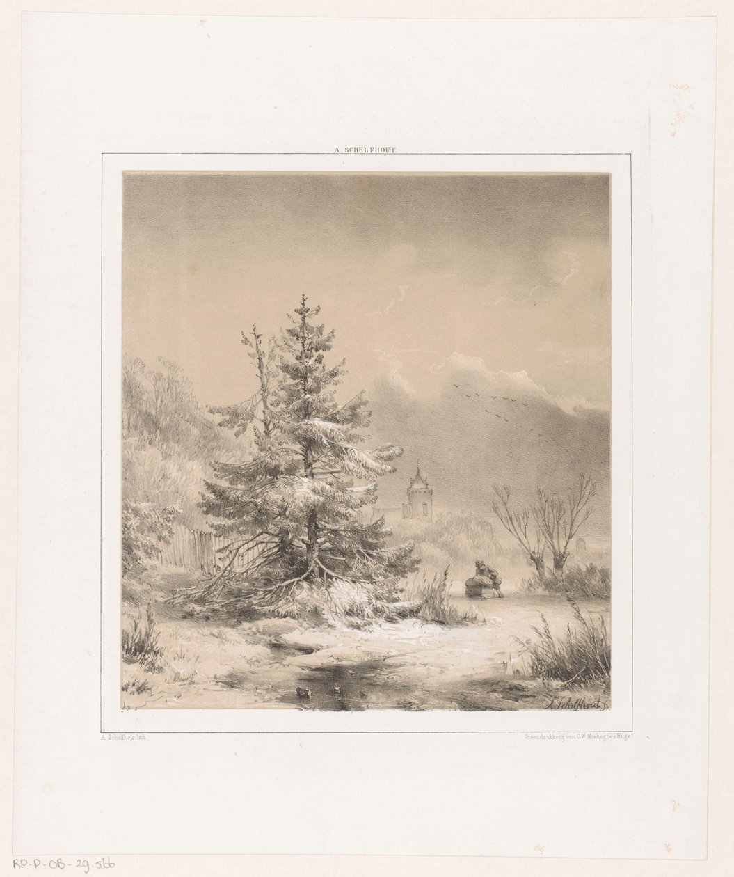 Winter Landscape with Coniferous Trees and Man with Sled by Andreas Schelfhout