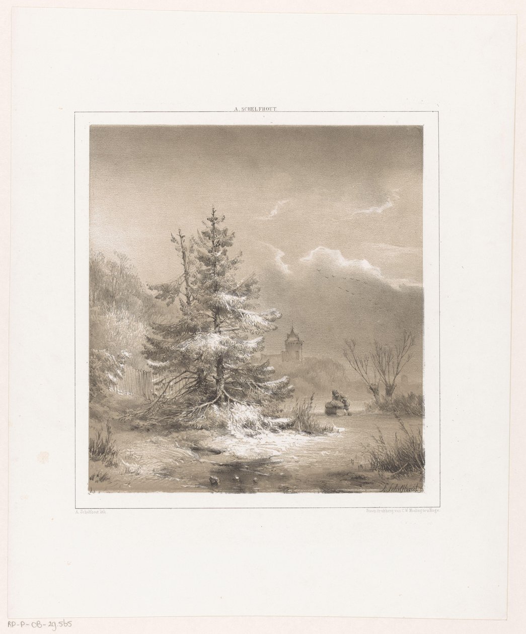 Winter Landscape with Pine Trees and Man with Sledge by Andreas Schelfhout