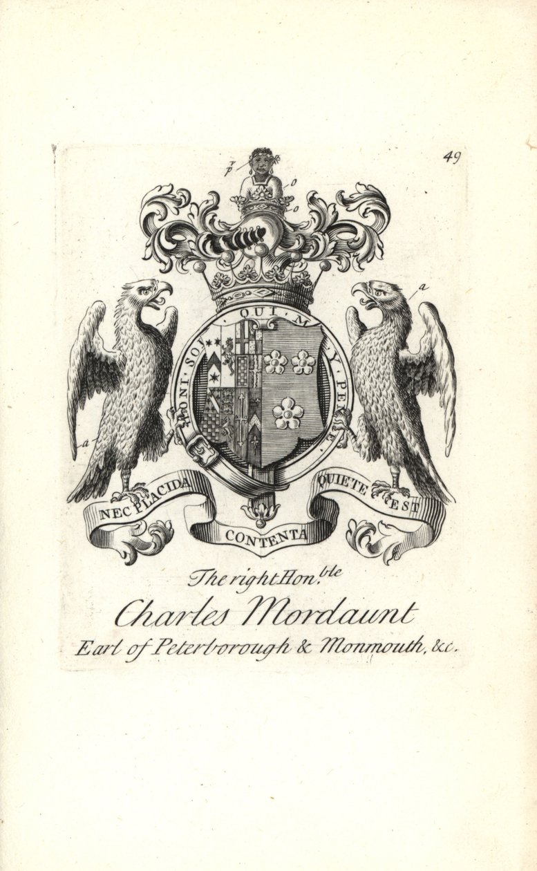 Coat of arms and crest of the right honorable Charles Mordaunt, 3rd Earl of Peterborough and 1st Earl of Monmouth by Andrew Johnston