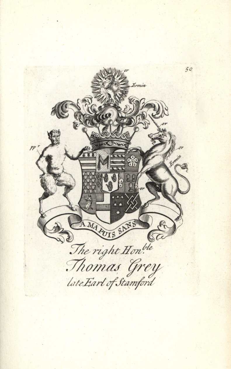 Coat of arms and crest of the right honorable Thomas Grey, 2nd Earl of Stamford by Andrew Johnston