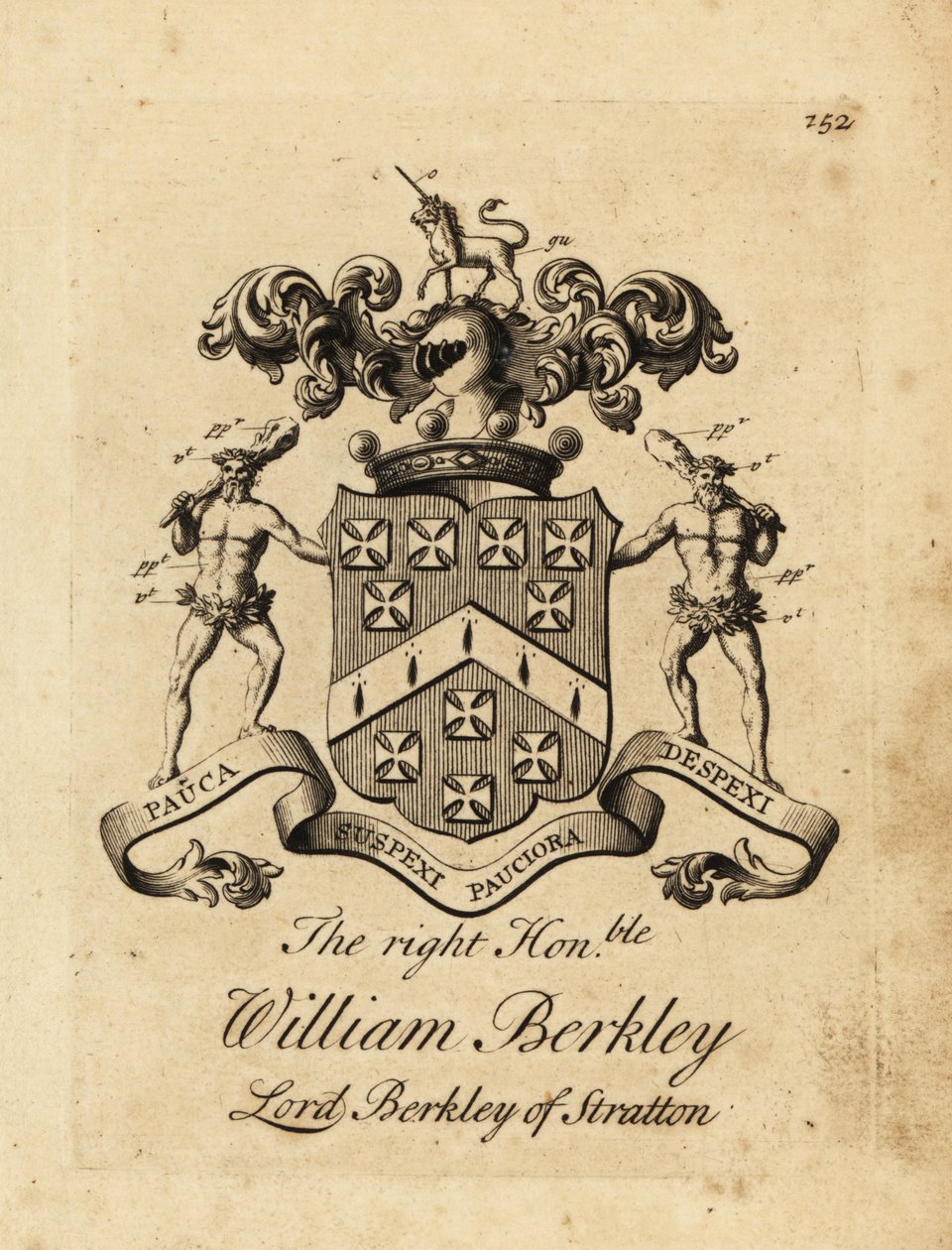 Coat of arms of the Right Honourable William Berkley, Lord Berkley of Stratton, 4th Baron Berkeley of Stratton, died 1741 by Andrew Johnston