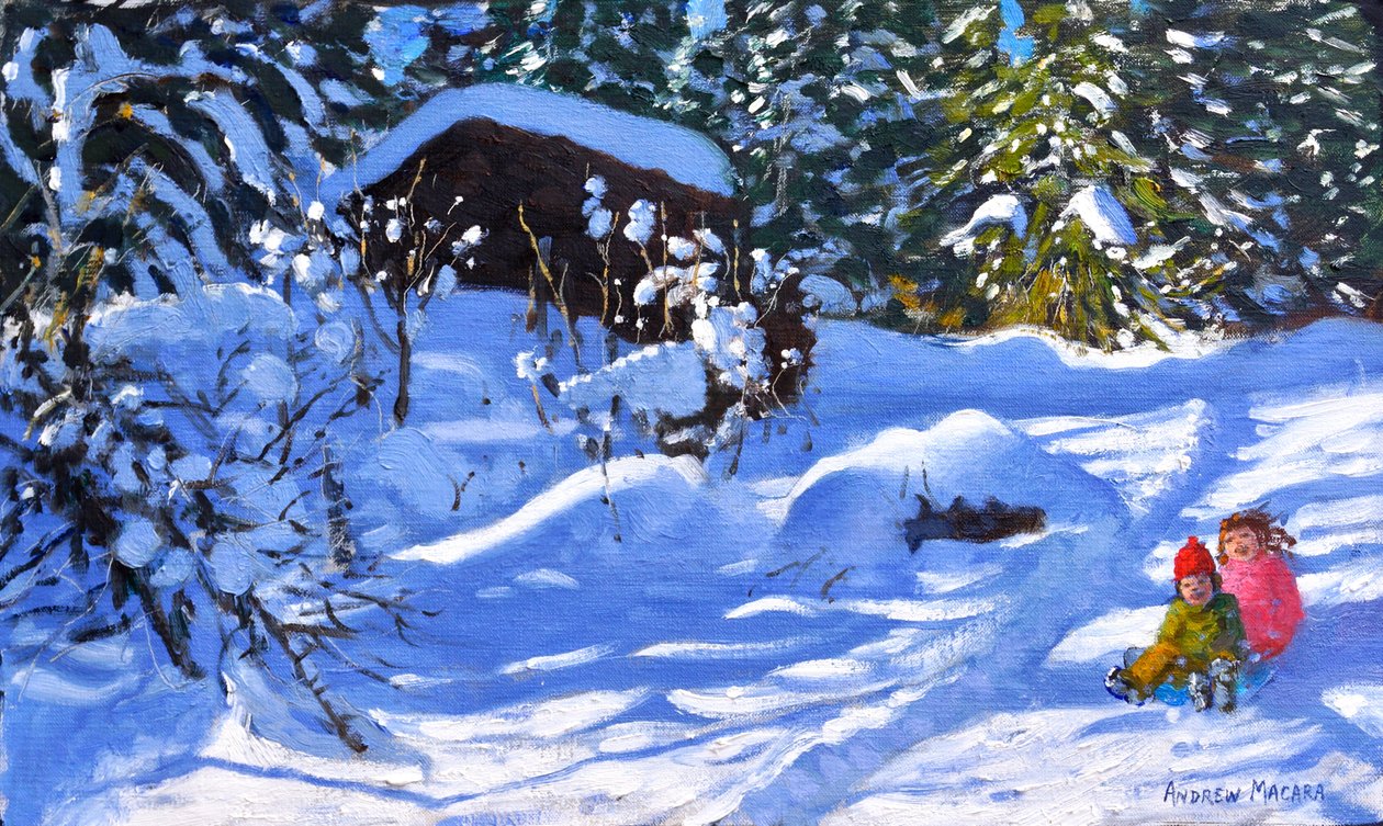 Two on a Sledge, The Orchard, Morzine by Andrew Macara