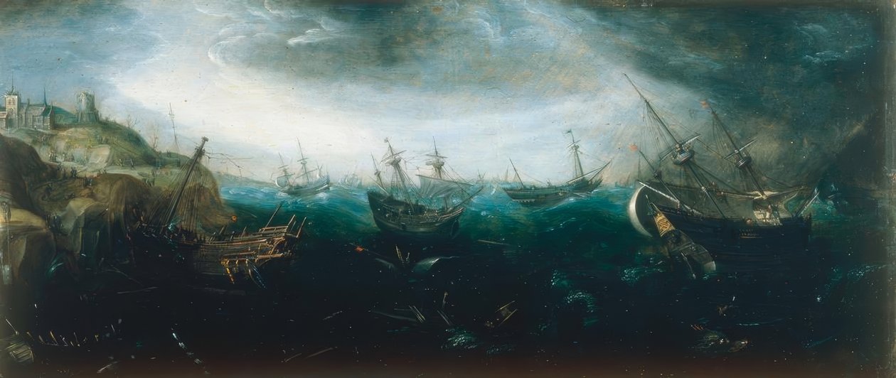 Ships in Stormy Sea by Andries van Eertvelt
