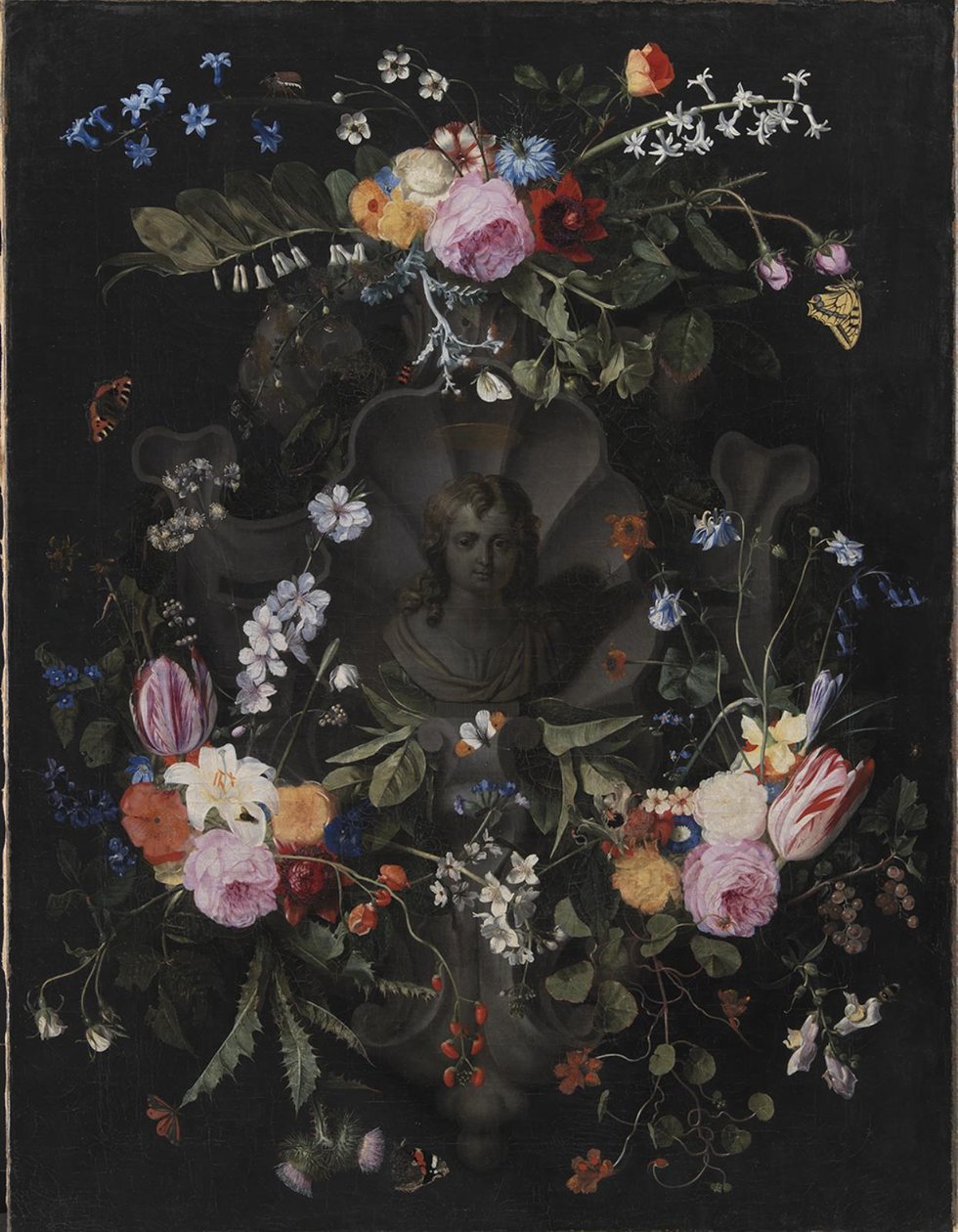 Cartouche with Bust of Christ Surrounded by a Garland of Flowers by Andries Bosman