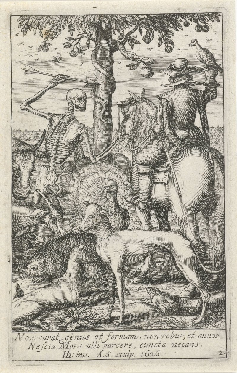 Skeleton with Arrow and Falconer, Amidst Animals (Animal Skeletons) by Andries Jacobsz. Stock