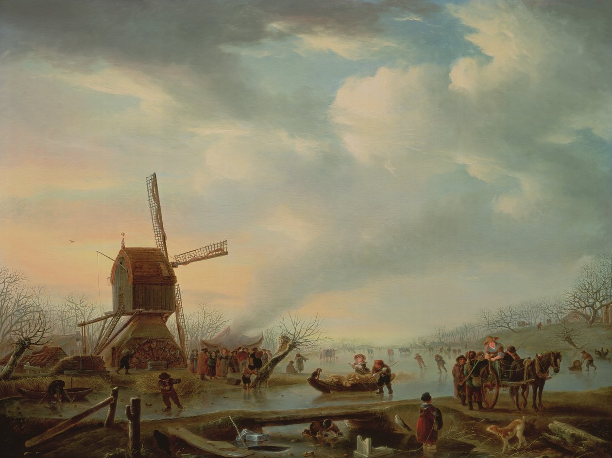 An Extensive Winter Landscape with Figures Skating by Andries Vermeulen