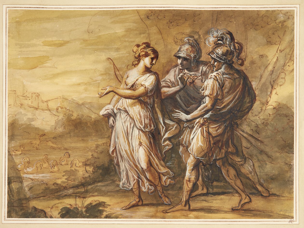 Mythological Scene. Young Woman with Bow Turning Towards Two Armed Men by Angelica Kauffmann