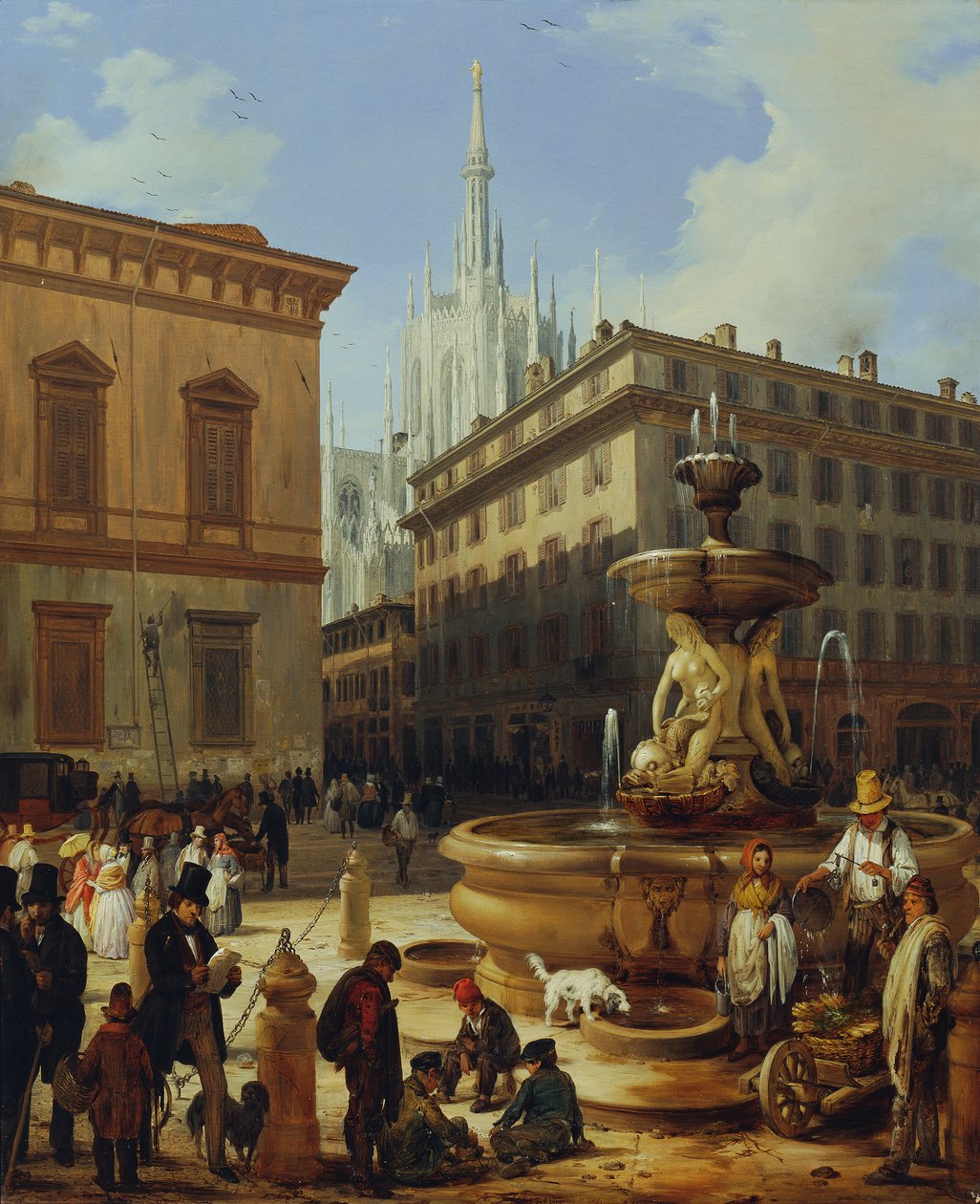 Street View of Milan, with the Cathedral in the Background by Angelo Inganni