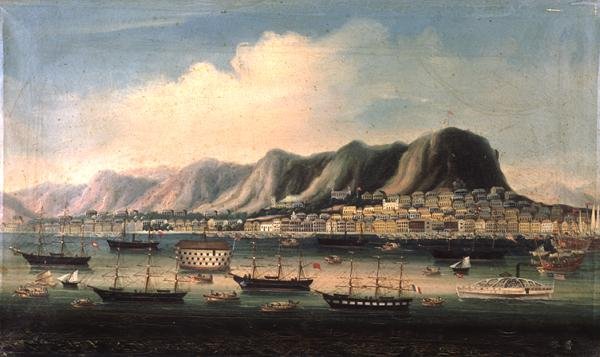 View of Hong Kong, with a Prison Hulk and a Paddlesteamer in the Harbour by Anglo Chinese School