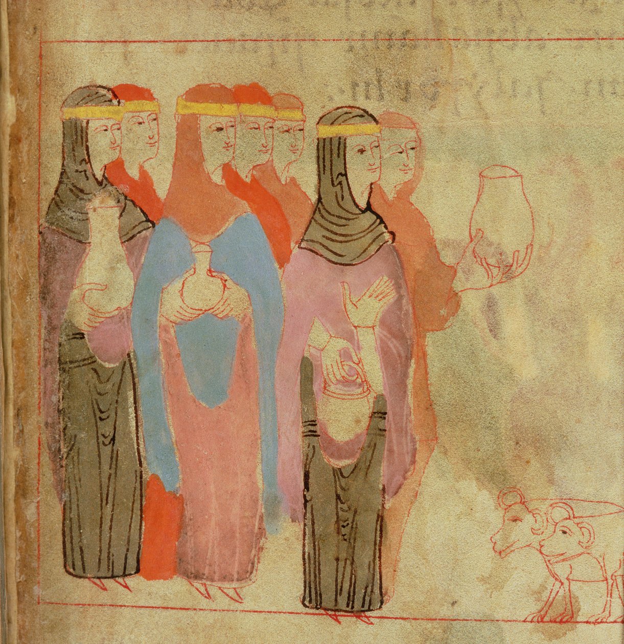 Women wearing gold headbands, from the Aelfric Pentateuch, from St. Augustine