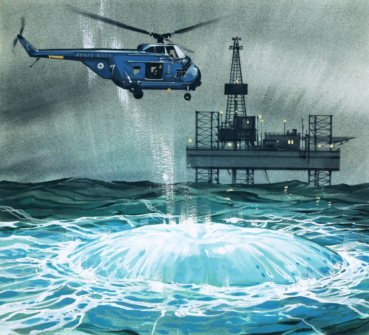 A Helicopter Approaches an Oil Rig by Angus McBride