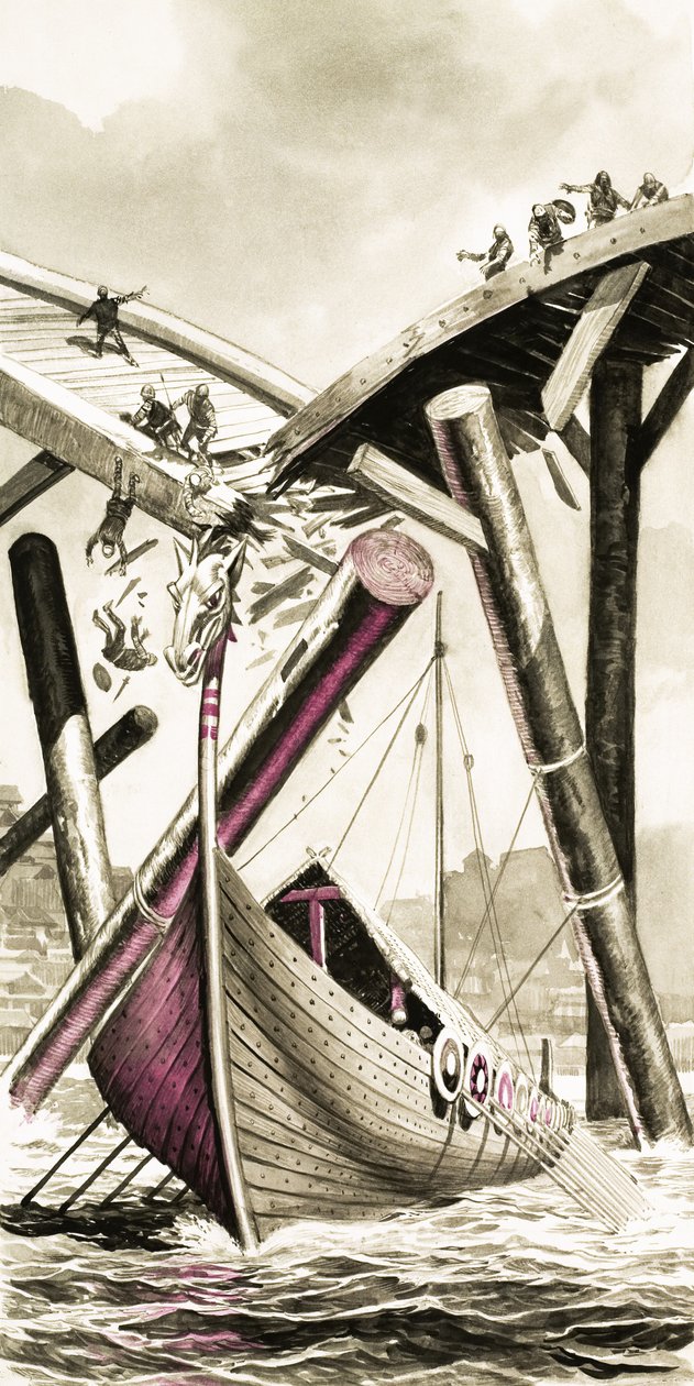 Unidentified Viking Longboat Destroying a Bridge by Angus McBride