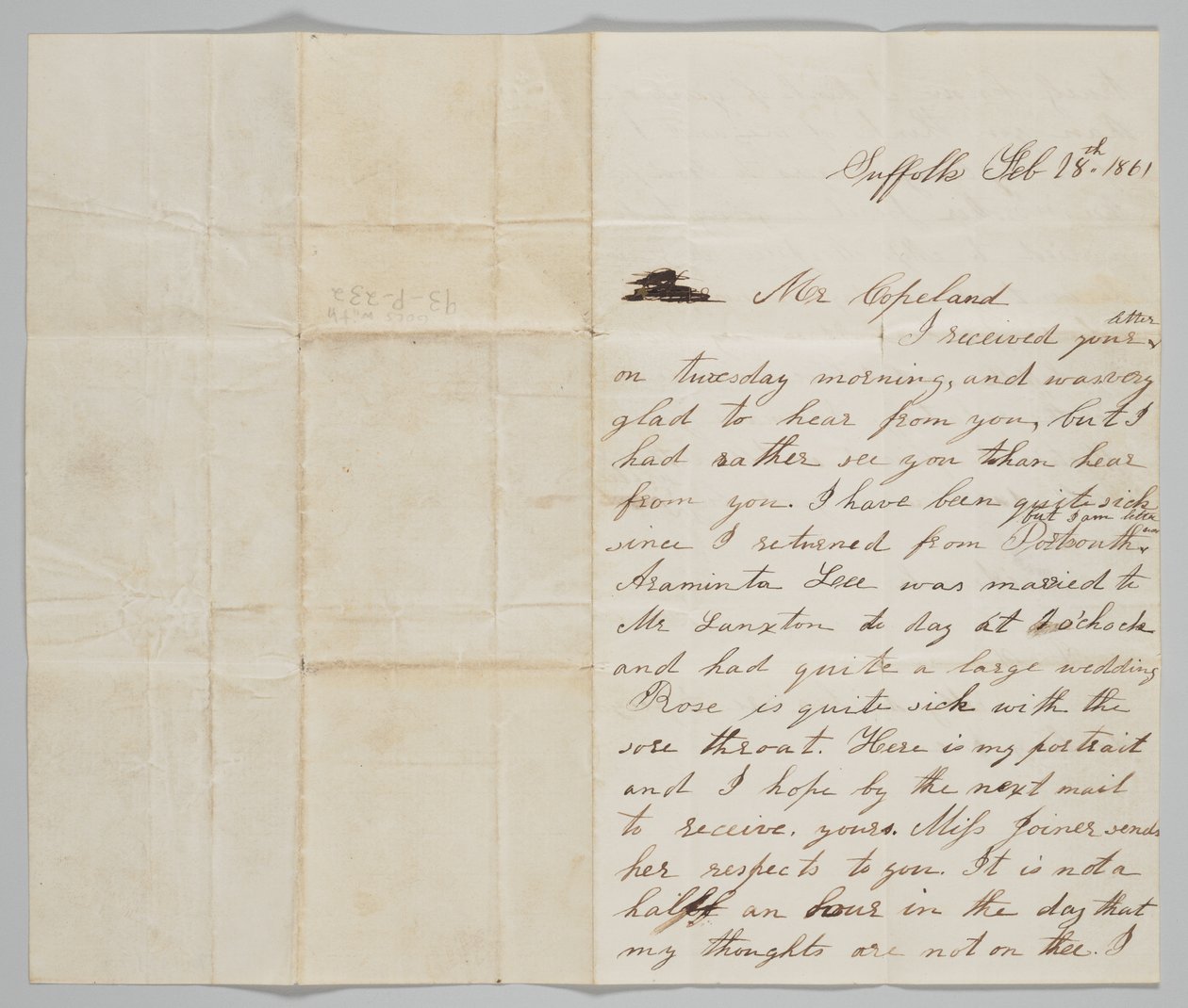 Letter to John Copeland from His Wife Ann, February 18, 1861 by Ann Hurst Copeland
