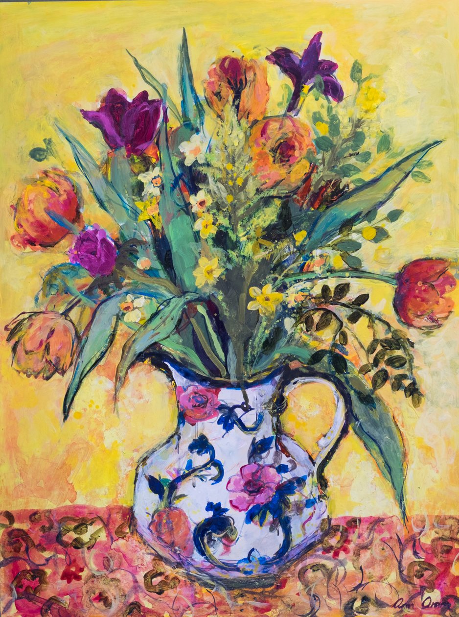Jug of Spring Flowers on a Yellow Ground by Ann Oram