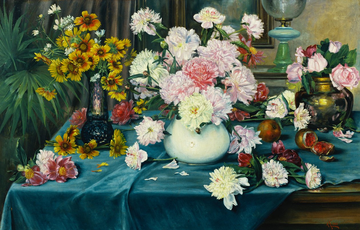 Peonies, Roses and Other Flowers in Vases on a Table Draped with a Blue Cloth by Anna Knittel