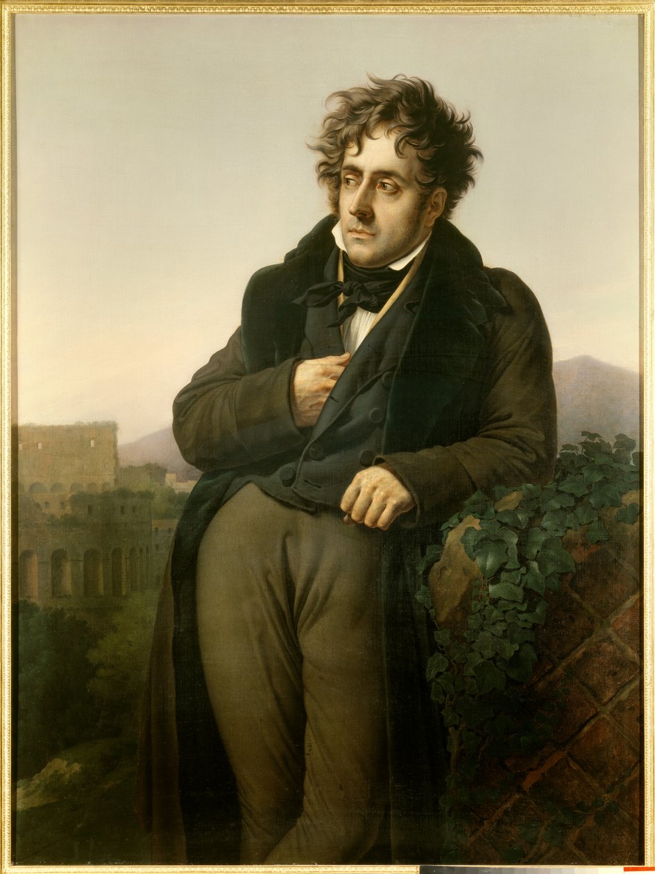 Portrait of Francois Rene, Viscount of Chateaubriand meditating on the ruins of Rome in front of a view of the Colosseum by Anne Louis Girodet de Roucy Trioson