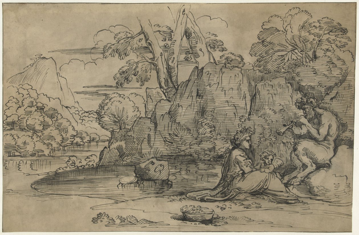 Landscape with a Flute-Playing Satyr, Woman, and Putto by Annibale Carracci (attributed to)
