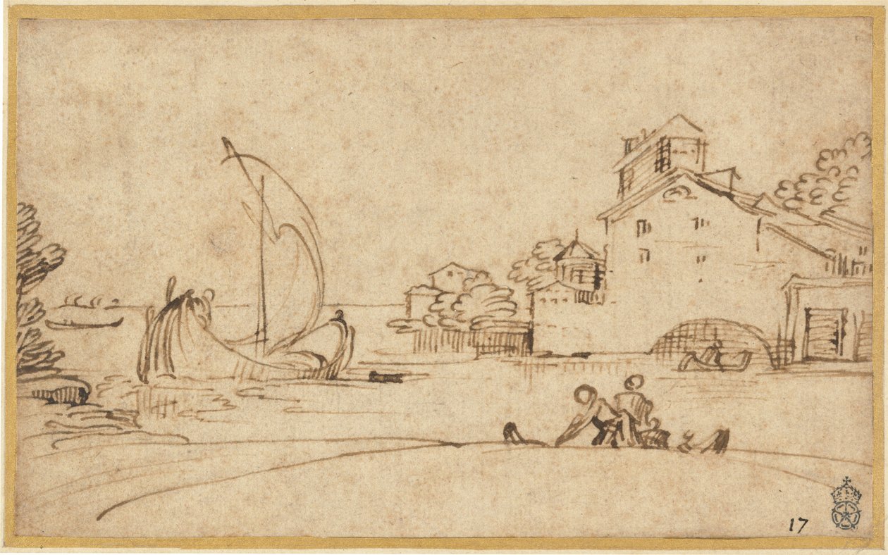 Landscape with Figures by an Estuary with Sailing Boats by Annibale Carracci