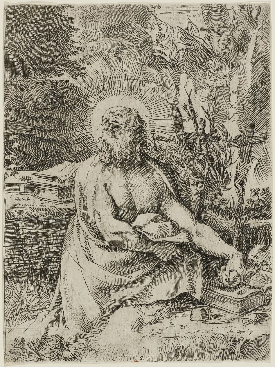 Saint Jerome in the Wilderness, c.1591 (etching with engraving on laid paper) by Annibale Carracci
