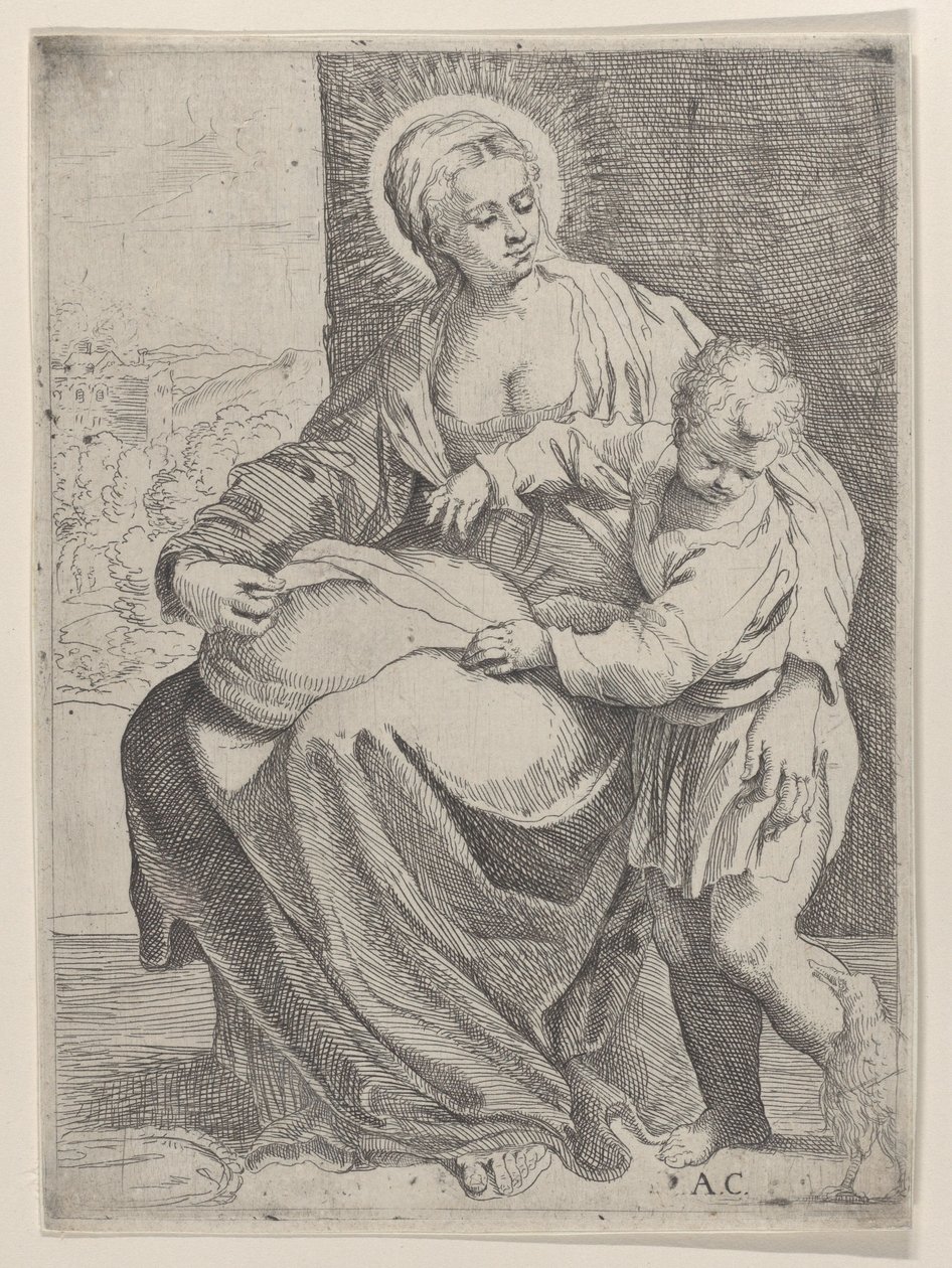 The Virgin seated holding a pillow on her lap with the young Christ standing at right, 1580-1600 by Annibale Carracci