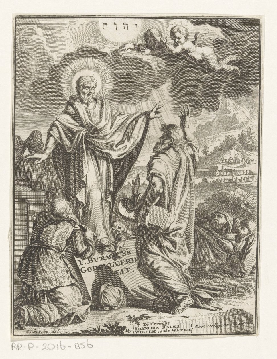 Allegorical Representation with Christ, Moses, and Kneeling Figure, Title Page for: Frans Burman, Theology, 1697 by Anonymous