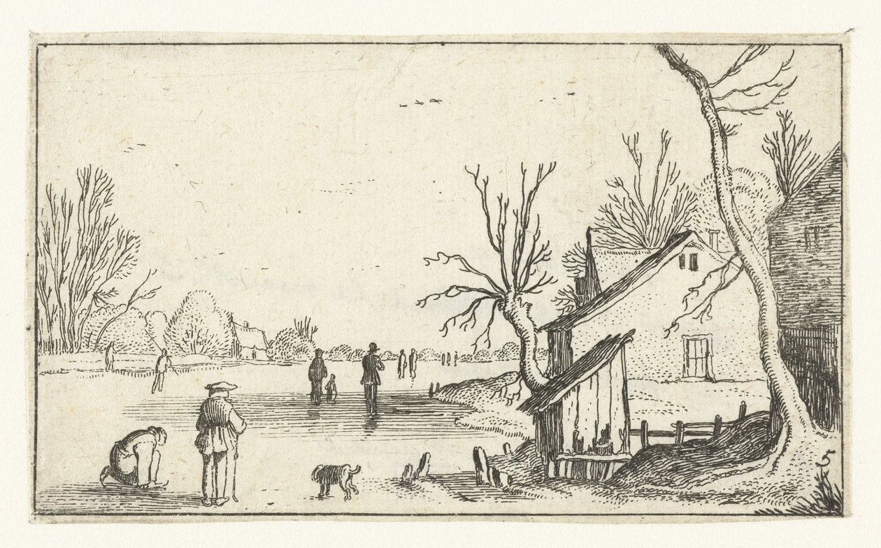 Farmhouse by Frozen River with Skaters on the Ice by Anonymous