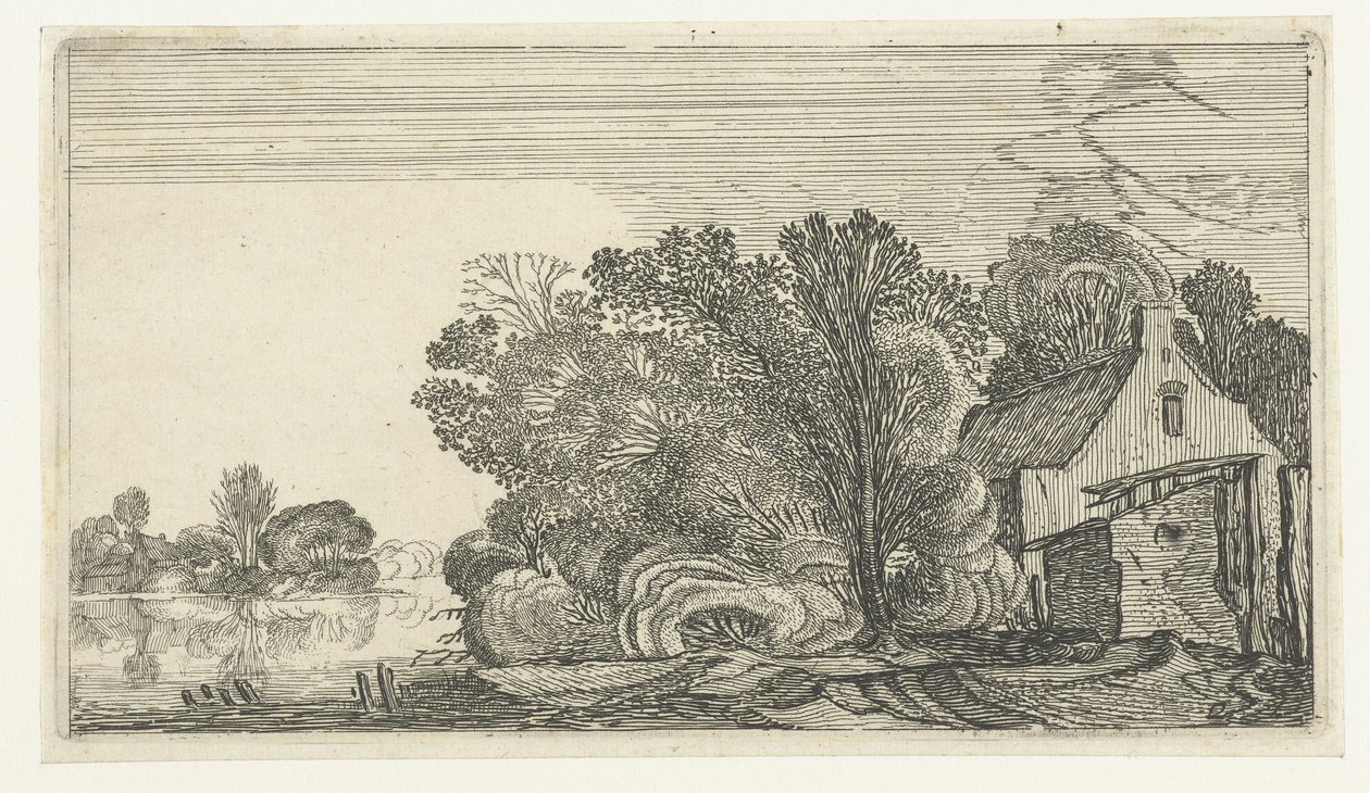 Farmhouse Between Trees by a River by Anonymous