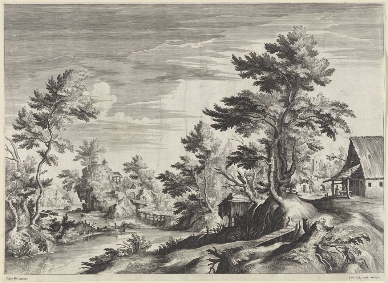 Tree-Rich River Landscape with Some Buildings by Anonymous