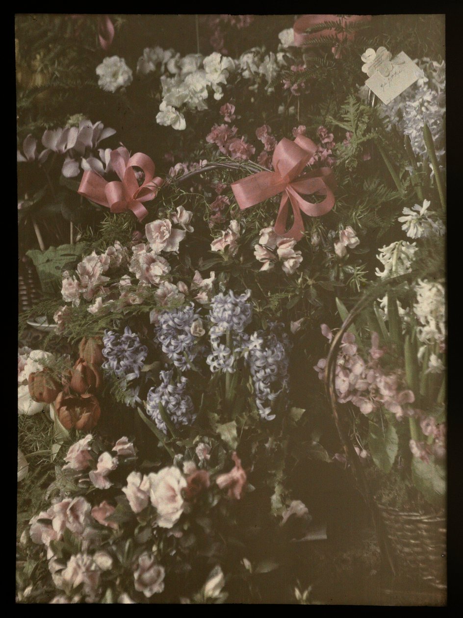 Bouquet of Flowers with Ribbon, Basket, and Card by Anonymous
